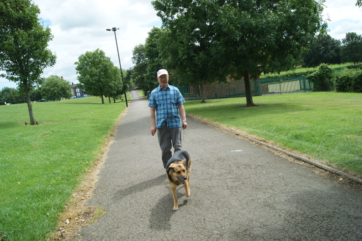 A man walking his dog through a park.